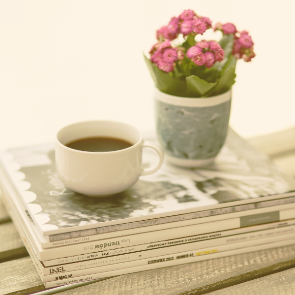 stack of magazines with a cup of coffee and a pink potted plant